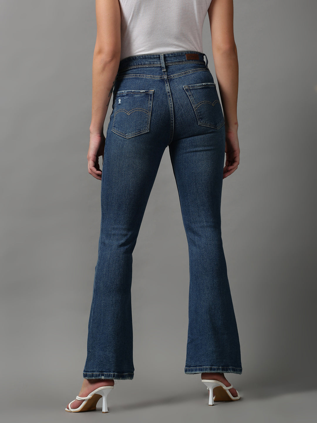 Women's Blue Bootcut Mildly Distressed Light Fade Denim Jeans