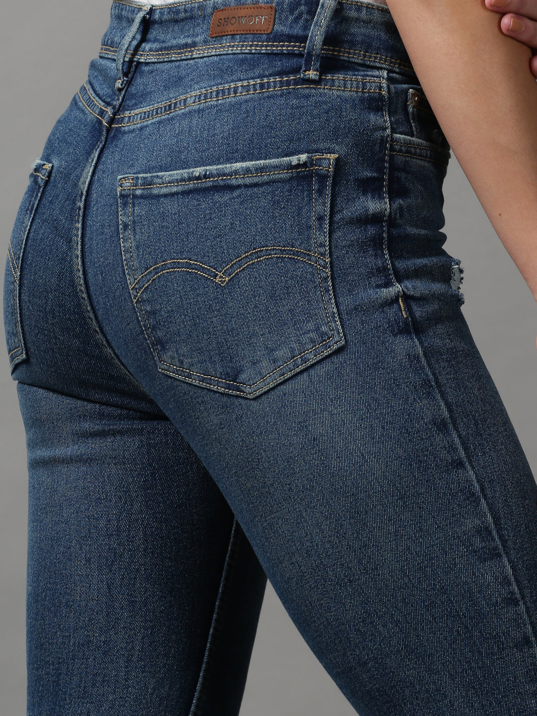 Women's Blue Bootcut Mildly Distressed Light Fade Denim Jeans