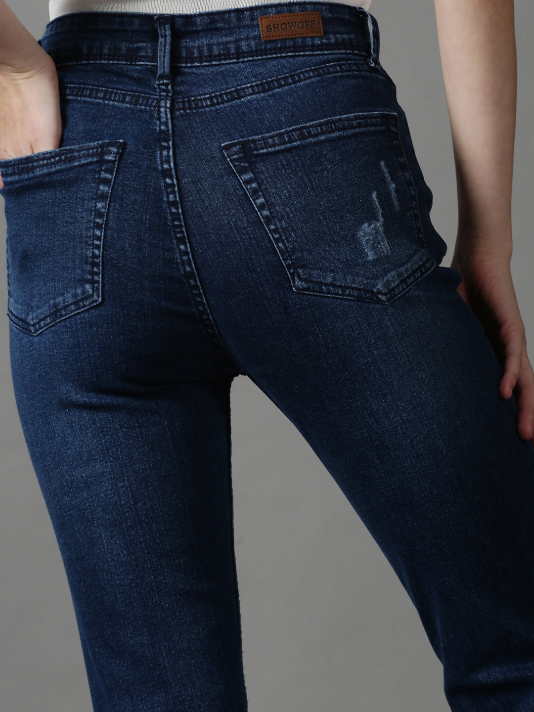 Women's Navy Blue Slim Fit Mildly Distressed Light Fade Stretchable Denim Jeans