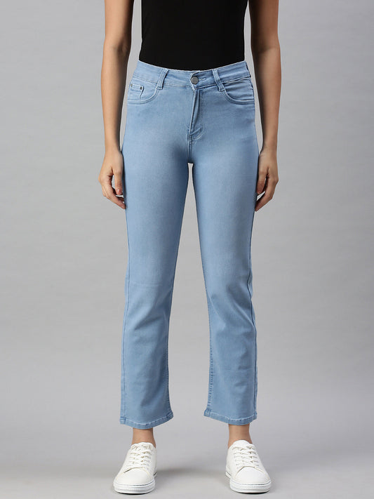 Women's Blue Straight Fit High-Rise Clean Look Stretchable Jeans