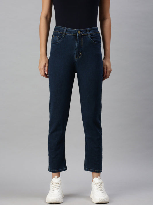 Women's Blue High-Rise Stretchable Mom Fit Clean Look Jeans