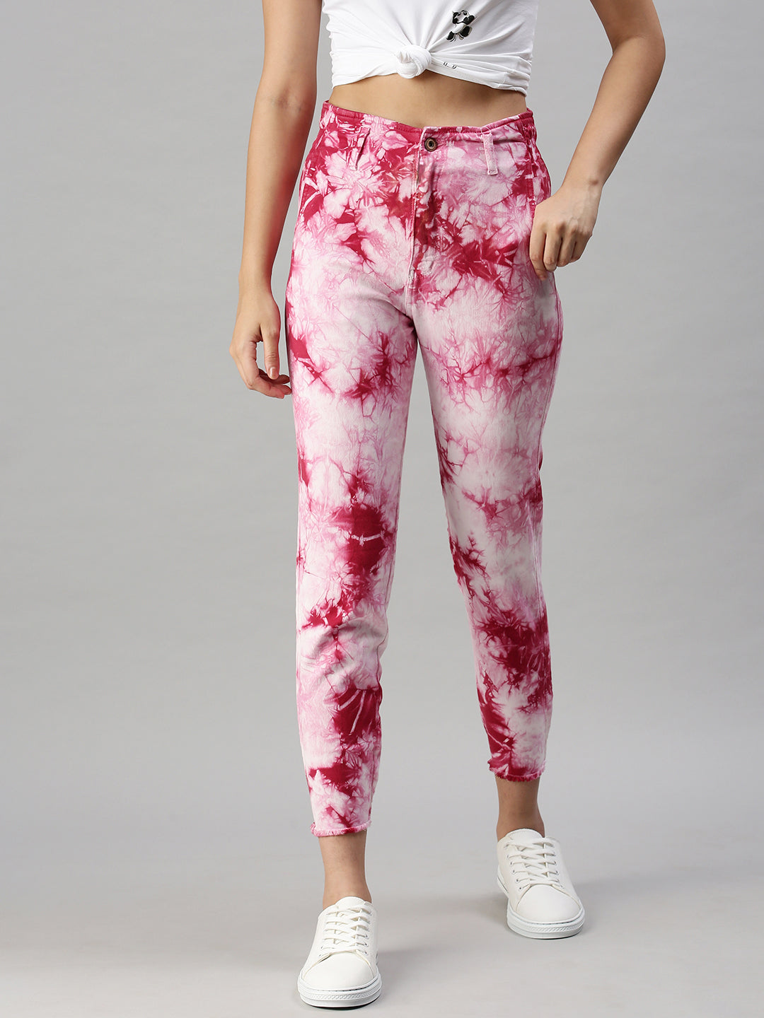 Women's Pink High-Rise Bleached Stretchable Cotton Mom Fit Clean Look Jeans