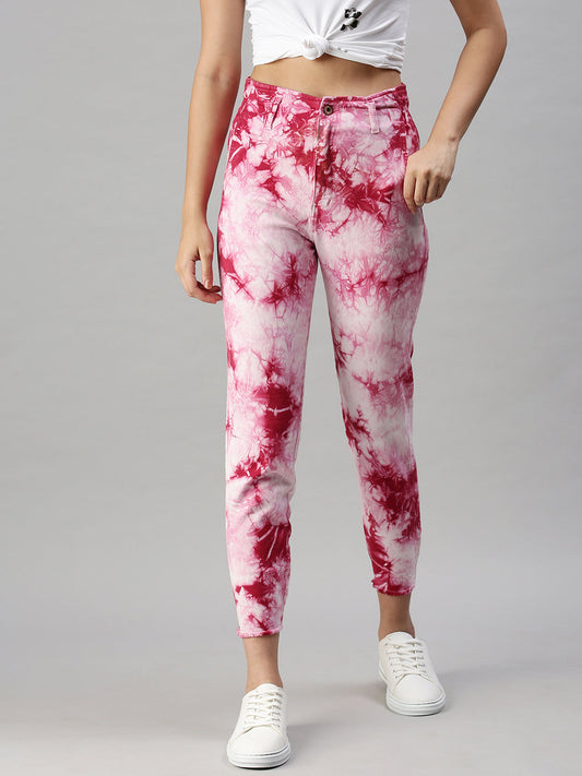 Women's Pink High-Rise Bleached Stretchable Cotton Mom Fit Clean Look Jeans