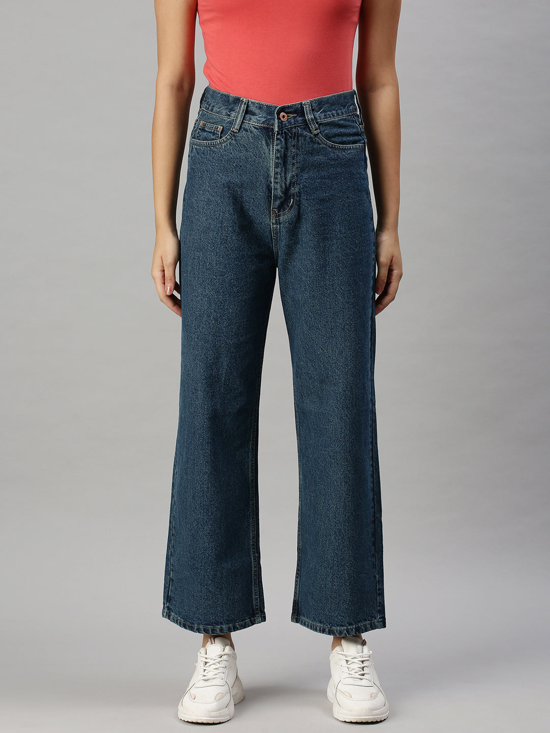 Women's Blue Cotton Wide Leg High-Rise Clean Look Jeans