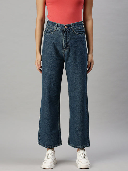 Women's Blue Cotton Wide Leg High-Rise Clean Look Jeans