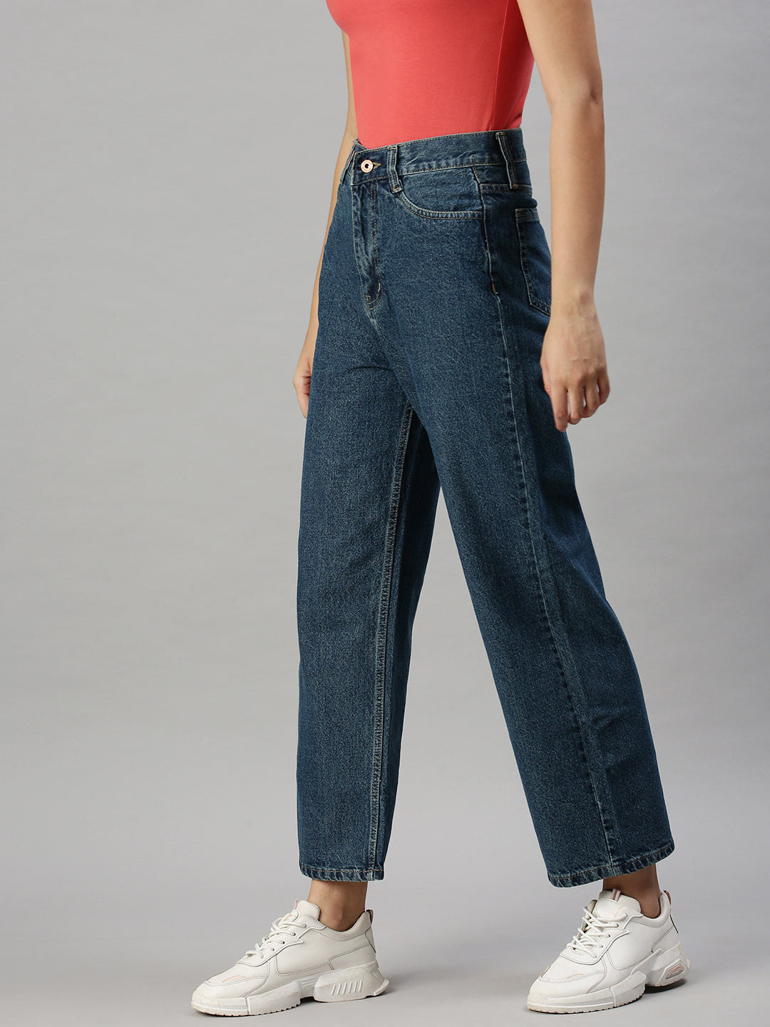 Women's Blue Cotton Wide Leg High-Rise Clean Look Jeans
