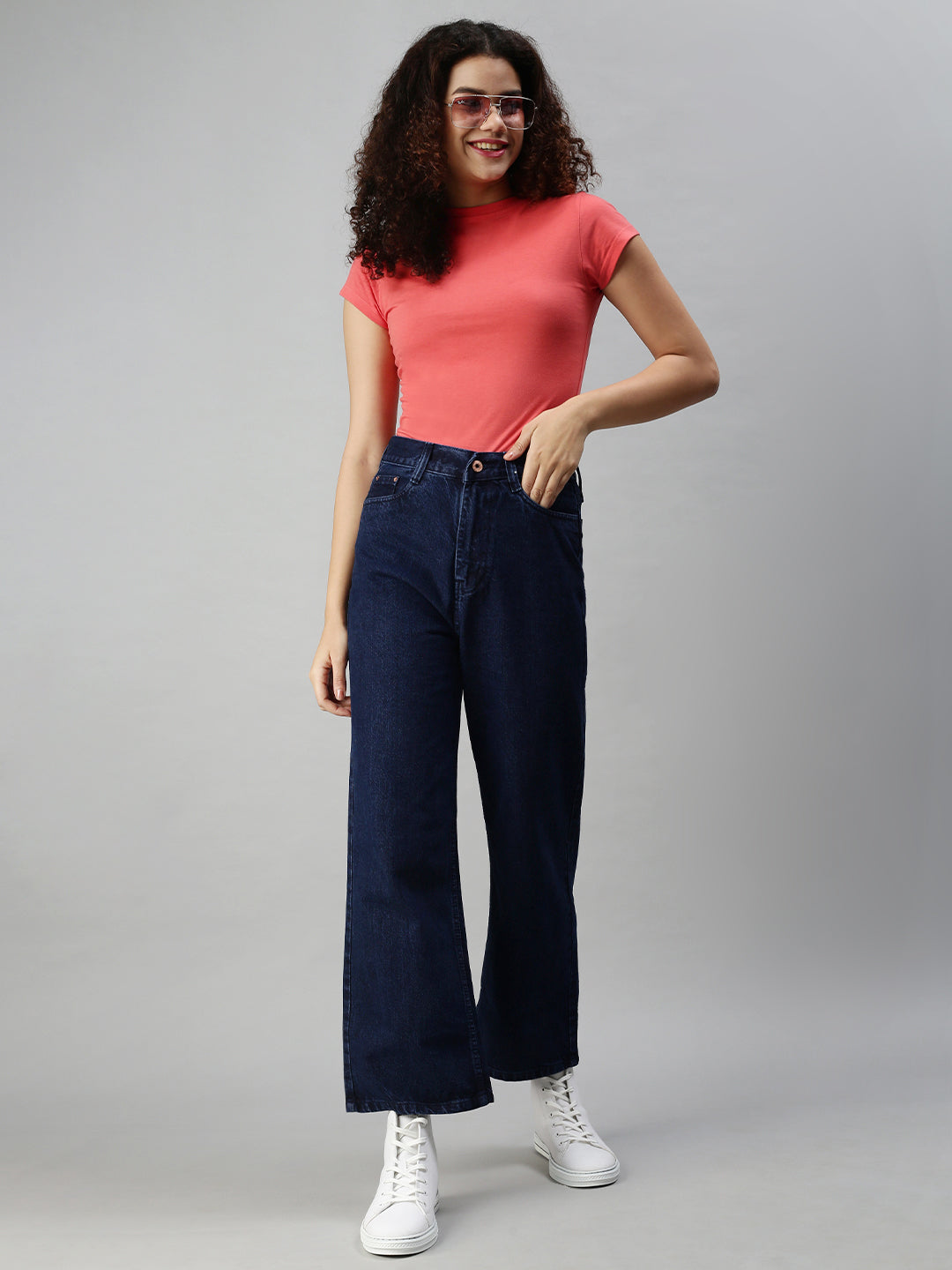 Women's Navy Blue Wide Leg Cotton High-Rise Clean Look Jeans