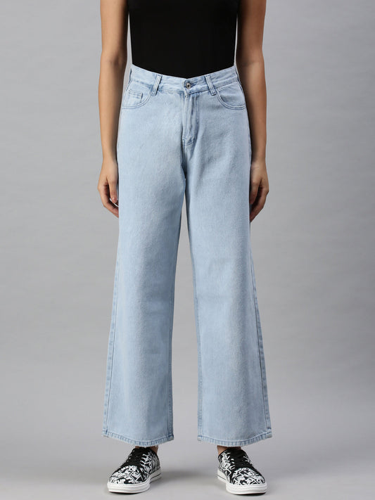 Women's Blue Cotton Wide Leg High-Rise Clean Look Jeans