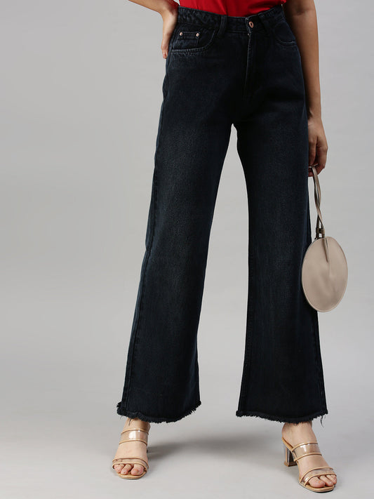 Women's Black Wide Leg Clean Look High-Rise Jeans