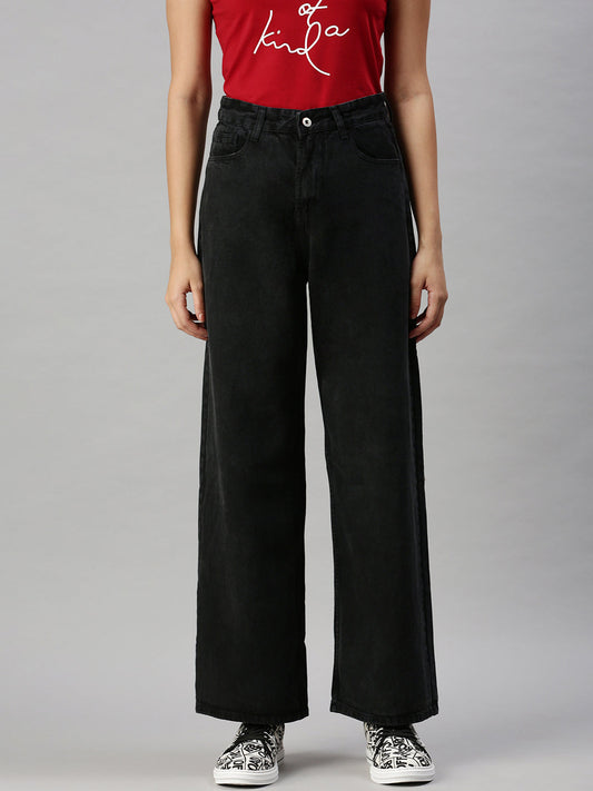 Women's Black Wide Leg High-Rise Clean Look Jeans