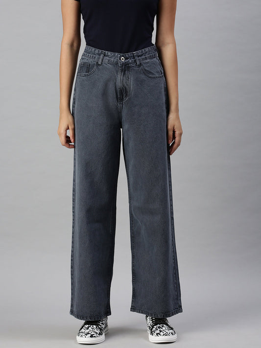 Women's Blue Wide Leg High-Rise Clean Look Cotton Jeans