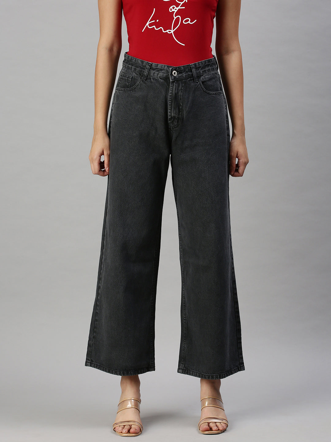Women's Dark Grey Wide Leg High-Rise Clean Look Jeans