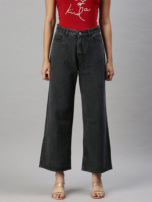 Women's Dark Grey Wide Leg High-Rise Clean Look Jeans