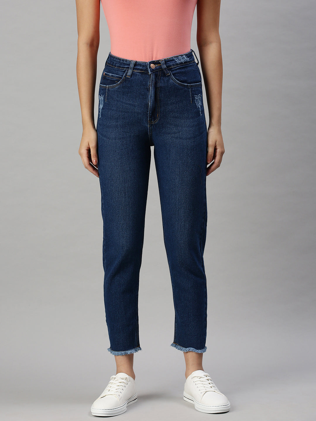 Women's Navy Blue High-Rise Light Fade Clean Look Stretchable Jeans