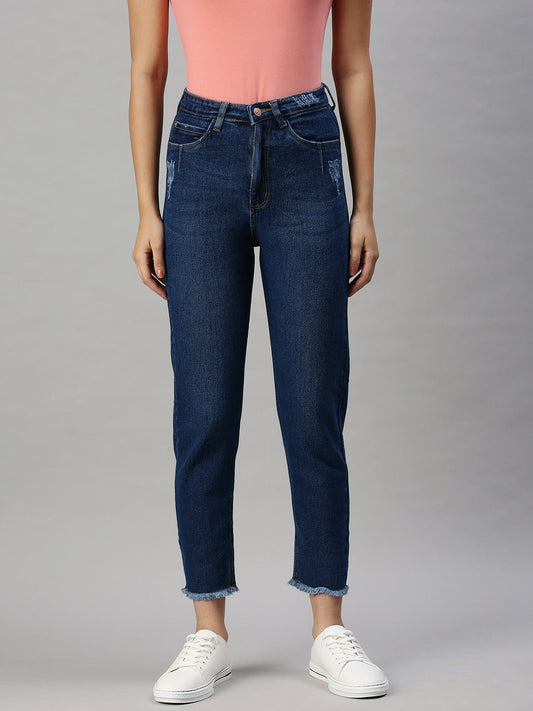 Women's Navy Blue High-Rise Light Fade Clean Look Stretchable Jeans