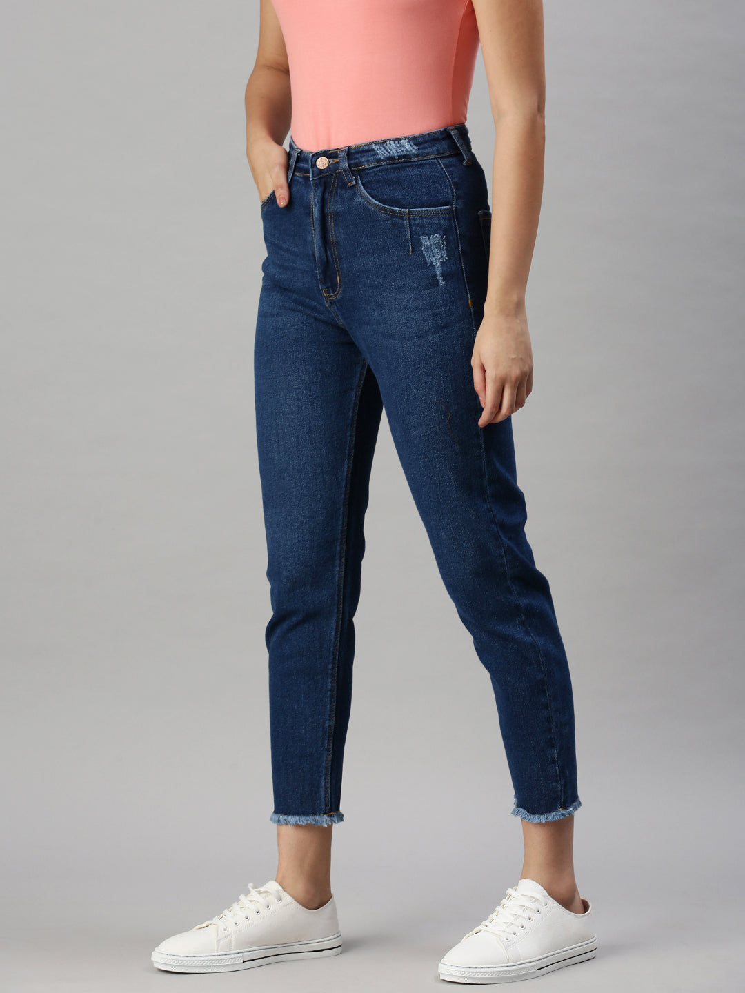 Women's Navy Blue High-Rise Light Fade Clean Look Stretchable Jeans