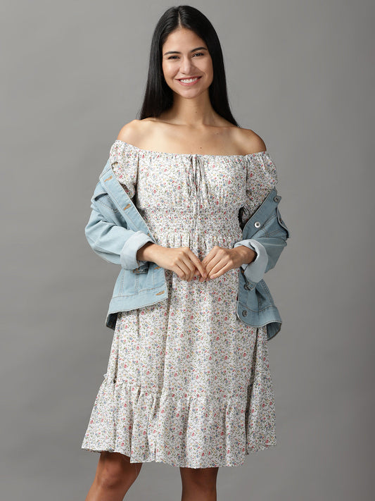 Women's White Floral Off-Shoulder Fit & Flare Dress