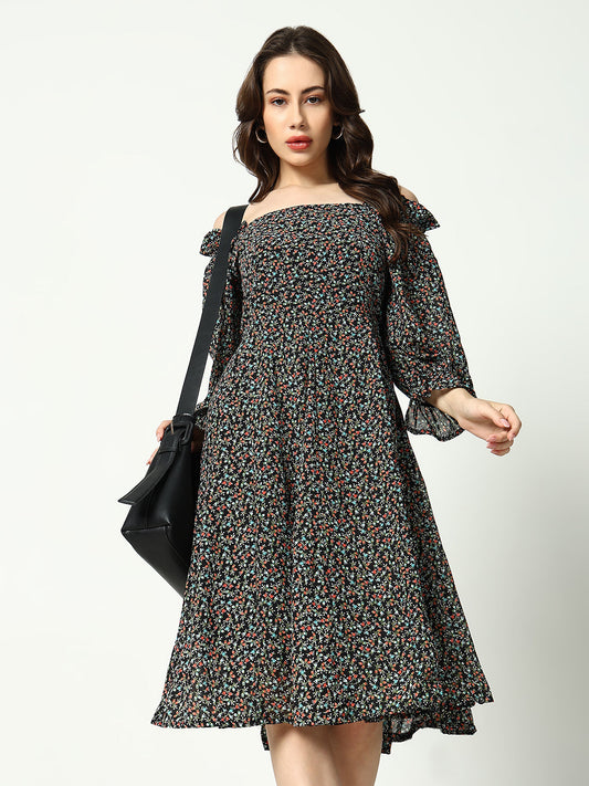 Women's Black Floral Printed Fit& Flare Dress