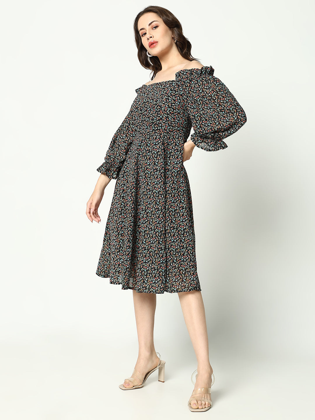 Women's Black Floral Printed Fit& Flare Dress
