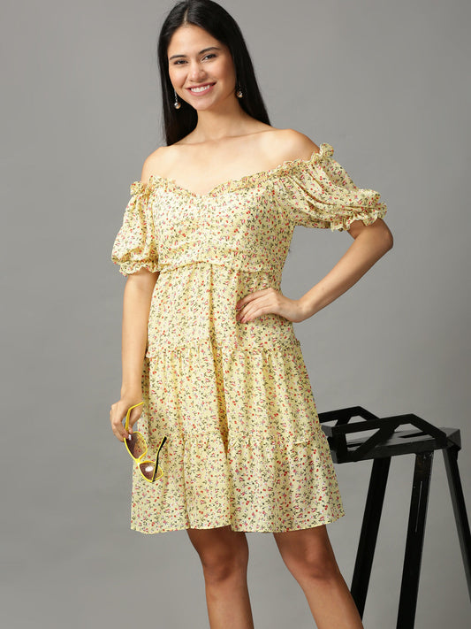 Women's Yellow Floral Off-Shoulder Ethnic Dress