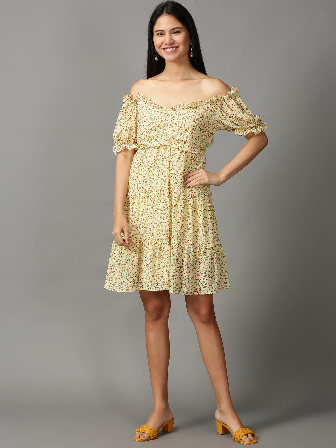 Women's Yellow Floral Off-Shoulder Ethnic Dress