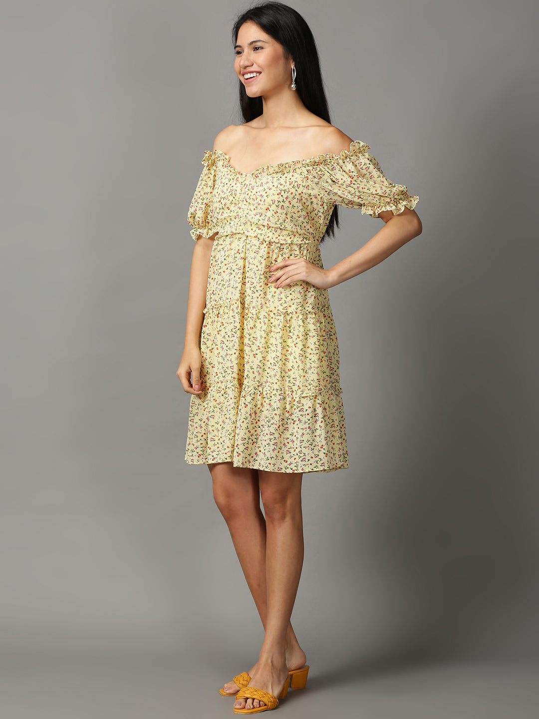 Women's Yellow Floral Off-Shoulder Ethnic Dress