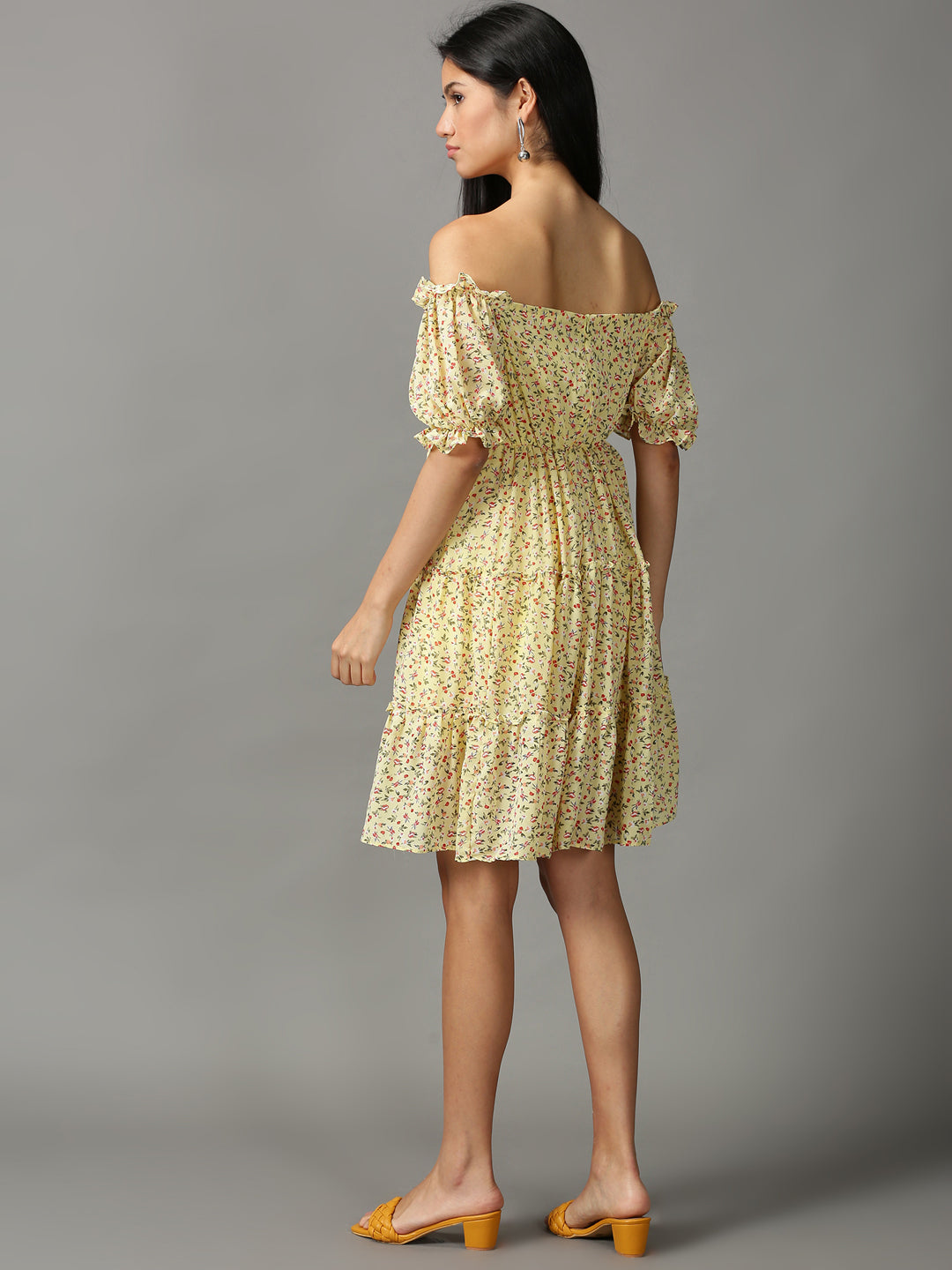 Women's Yellow Floral Off-Shoulder Ethnic Dress