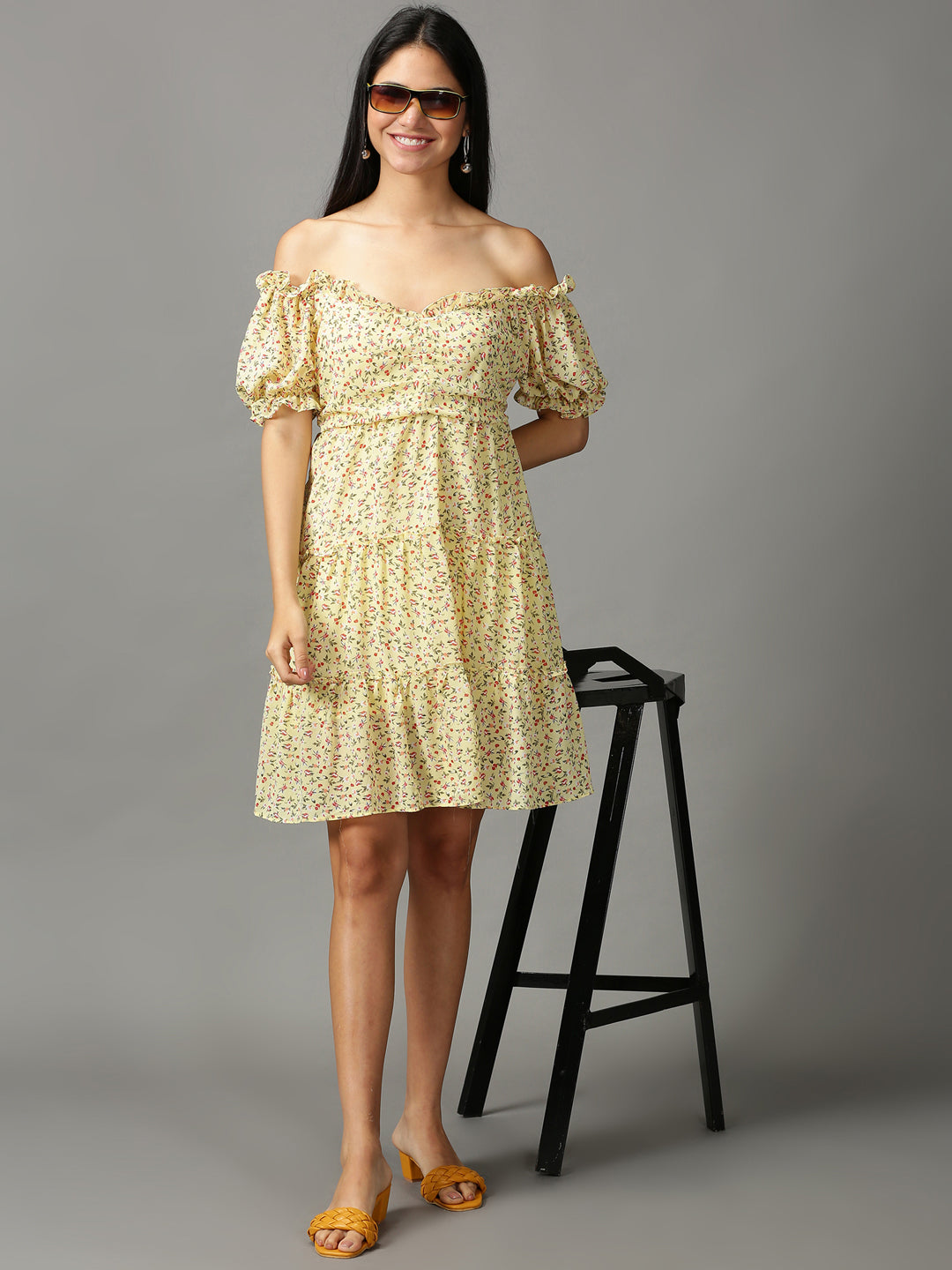 Women's Yellow Floral Off-Shoulder Ethnic Dress