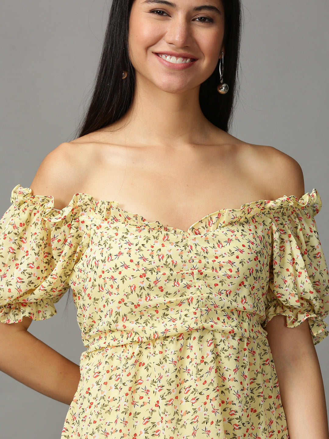Women's Yellow Floral Off-Shoulder Ethnic Dress