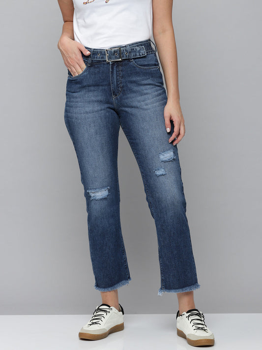 Women's Blue Jean Relaxed Fit High-Rise Mildly Distressed Light Fade Stretchable Jeans