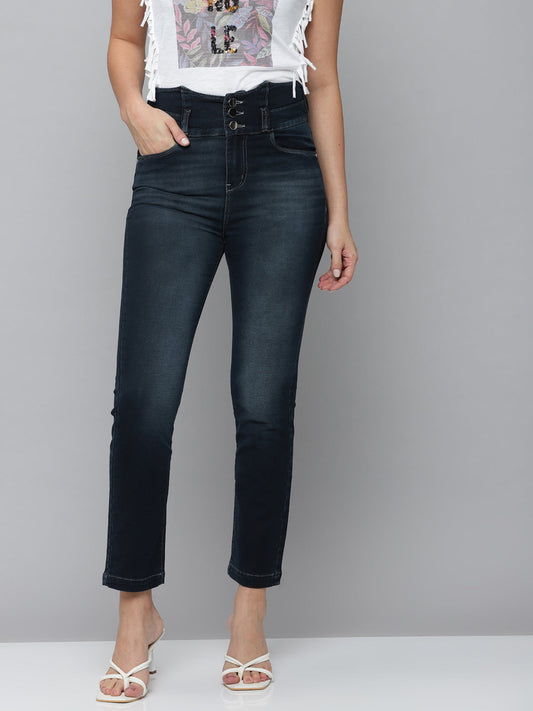 Women's Blue Jean Straight Fit High-Rise Light Fade Stretchable Jeans