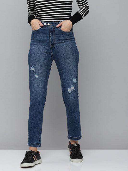 Women's Blue Jean Straight Fit High-Rise Low Distress Light Fade Stretchable Jeans