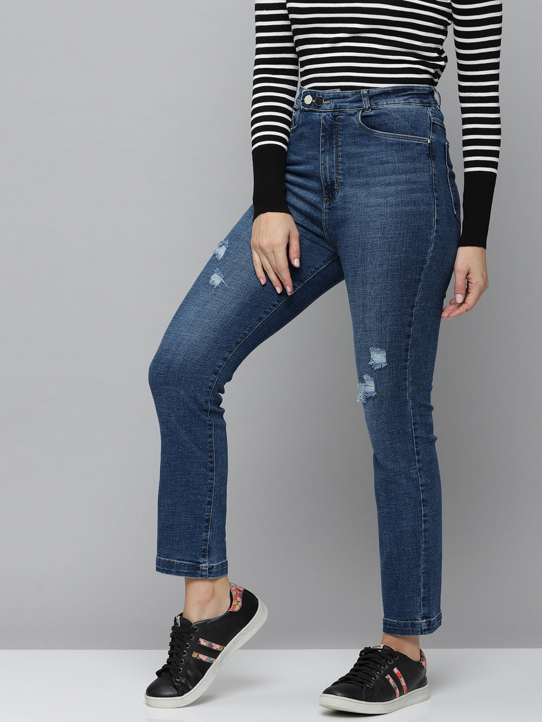 Women's Blue Jean Straight Fit High-Rise Low Distress Light Fade Stretchable Jeans