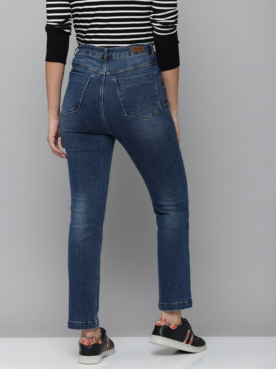 Women's Blue Jean Straight Fit High-Rise Low Distress Light Fade Stretchable Jeans