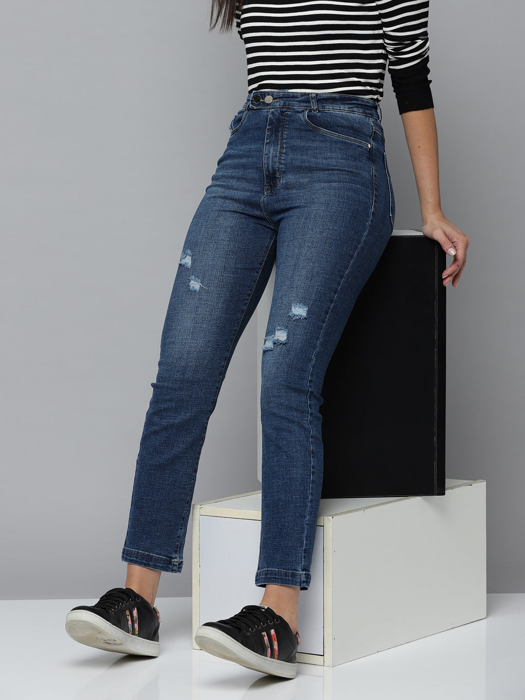 Women's Blue Jean Straight Fit High-Rise Low Distress Light Fade Stretchable Jeans