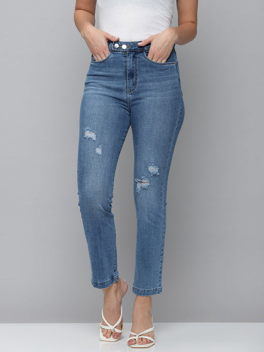 Women's Blue Jean Straight Fit High-Rise Mildly Distressed Light Fade Stretchable Jeans