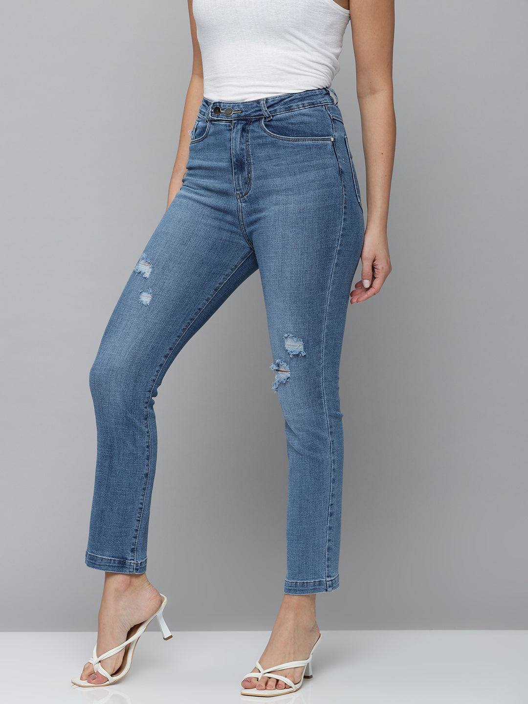 Women's Blue Jean Straight Fit High-Rise Mildly Distressed Light Fade Stretchable Jeans