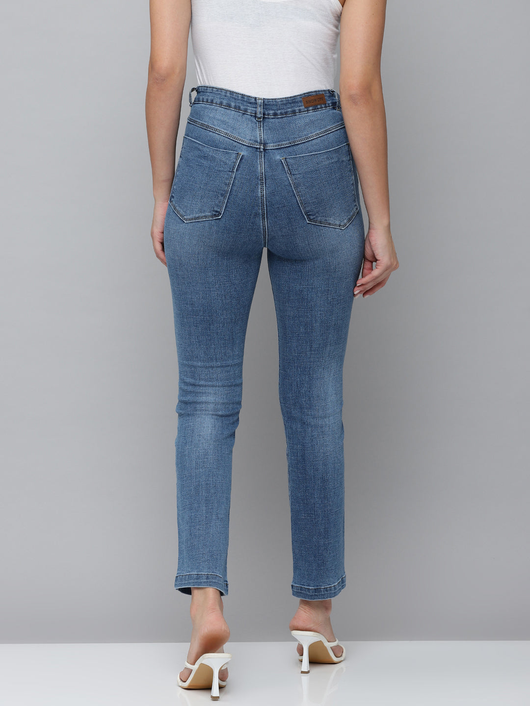 Women's Blue Jean Straight Fit High-Rise Mildly Distressed Light Fade Stretchable Jeans