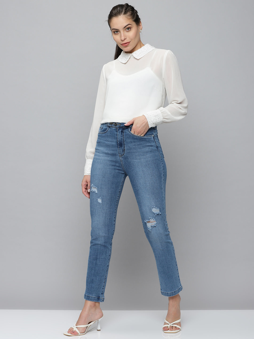 Women's Blue Jean Straight Fit High-Rise Mildly Distressed Light Fade Stretchable Jeans