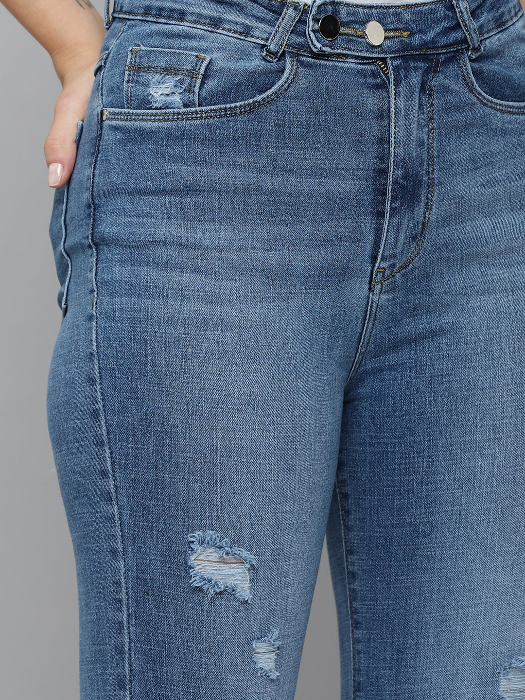 Women's Blue Jean Straight Fit High-Rise Mildly Distressed Light Fade Stretchable Jeans