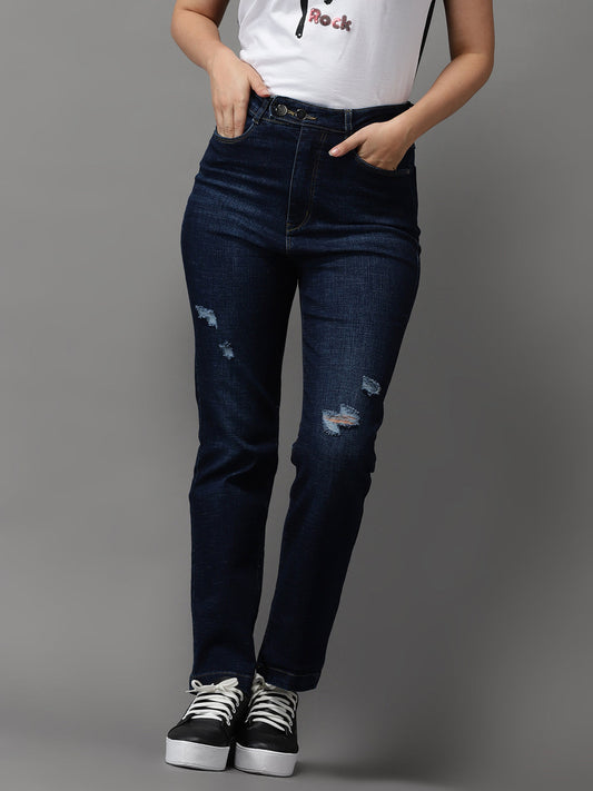 Women's Navy Blue Jean Straight Fit High-Rise Mildly Distressed Light Fade Stretchable Jeans