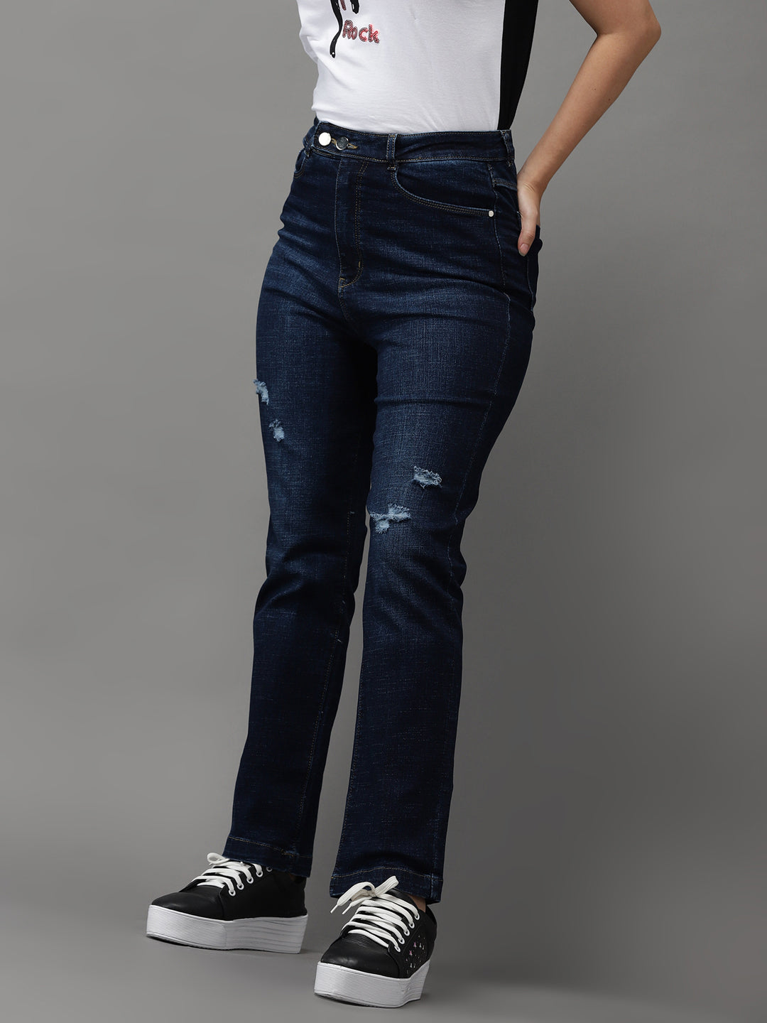 Women's Navy Blue Jean Straight Fit High-Rise Mildly Distressed Light Fade Stretchable Jeans