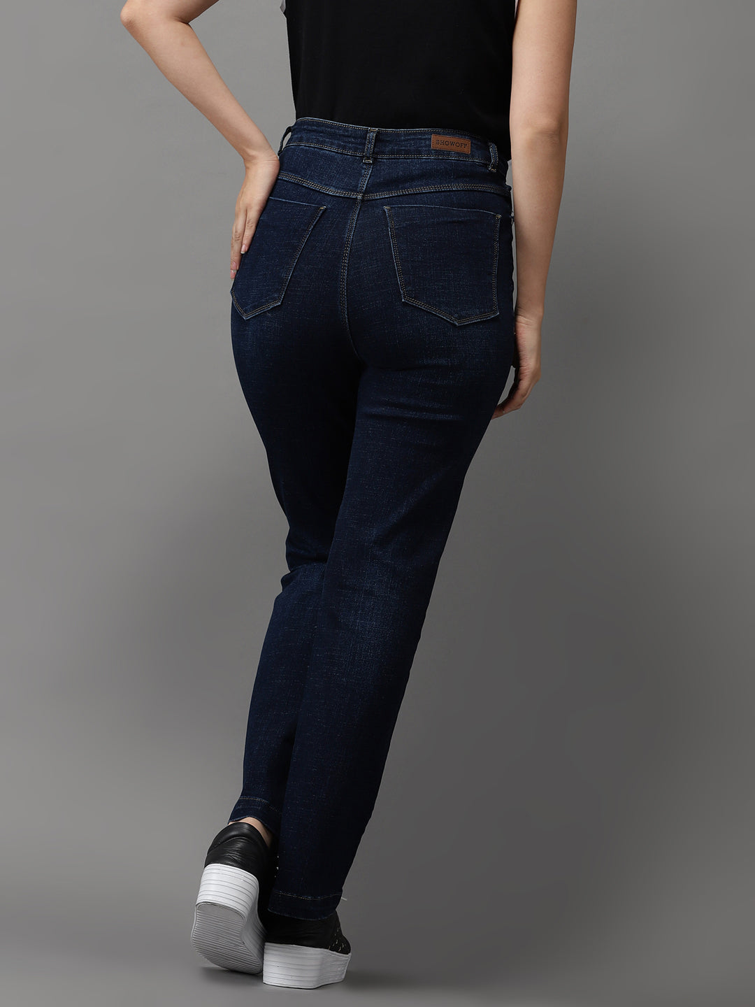 Women's Navy Blue Jean Straight Fit High-Rise Mildly Distressed Light Fade Stretchable Jeans