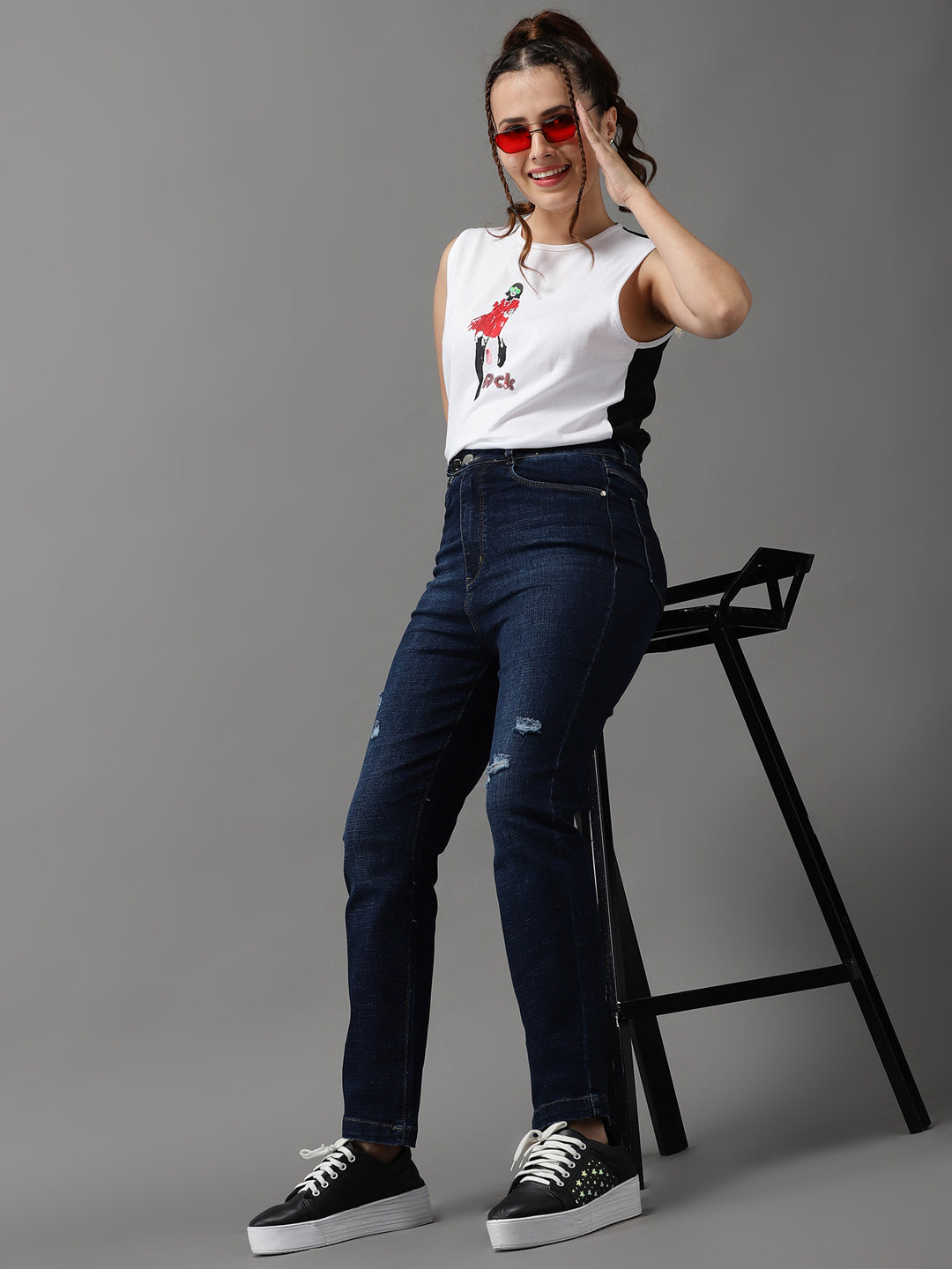 Women's Navy Blue Jean Straight Fit High-Rise Mildly Distressed Light Fade Stretchable Jeans