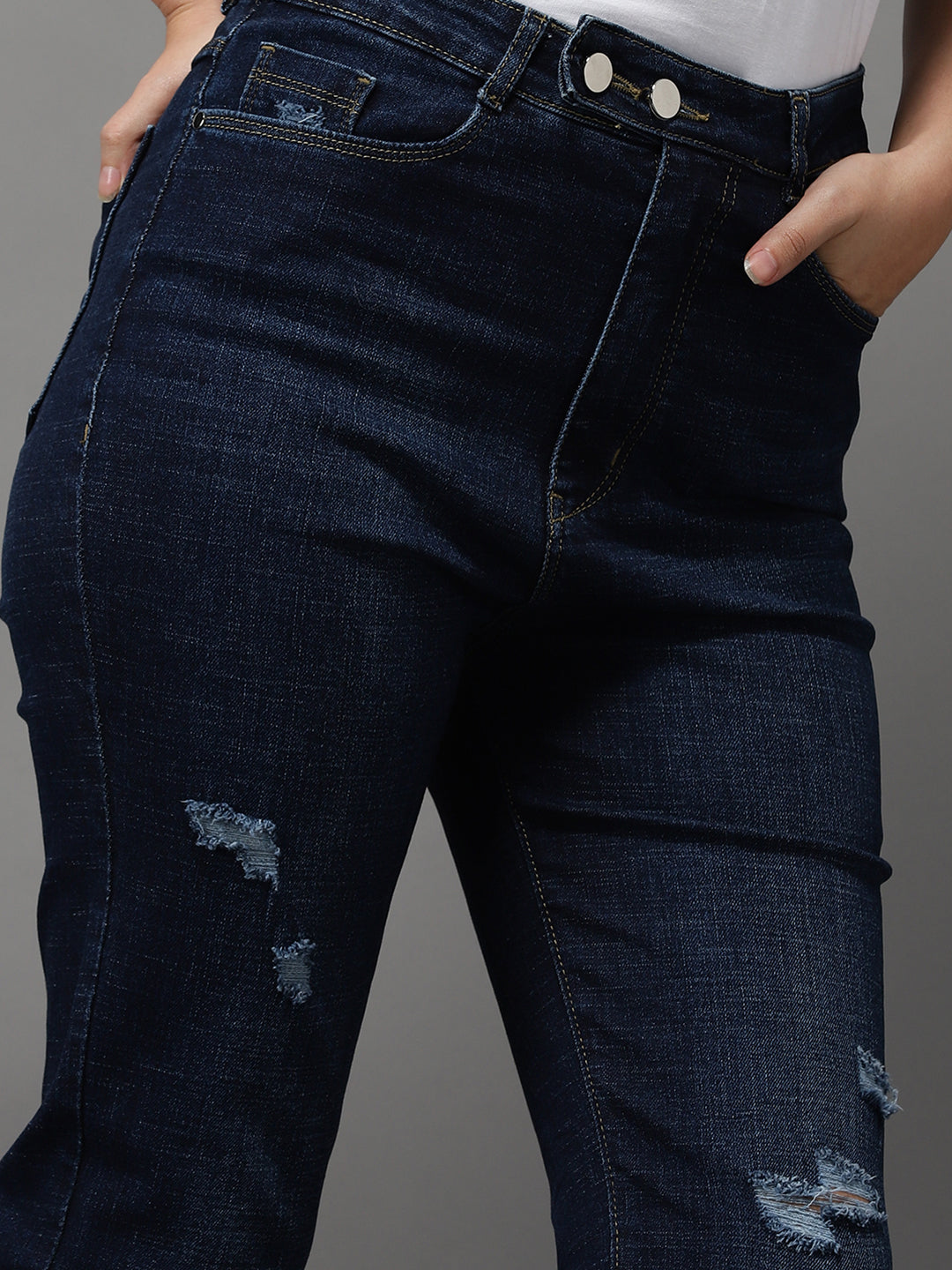 Women's Navy Blue Jean Straight Fit High-Rise Mildly Distressed Light Fade Stretchable Jeans