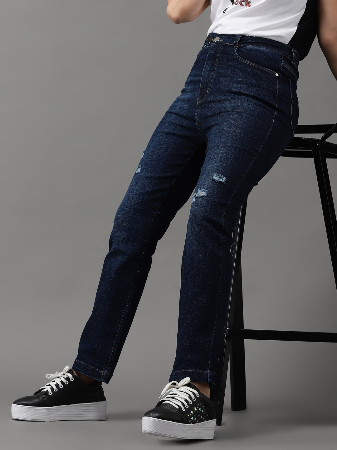 Women's Navy Blue Jean Straight Fit High-Rise Mildly Distressed Light Fade Stretchable Jeans