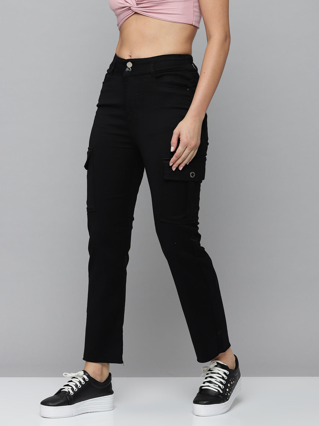 Women's Black Jean Straight Fit High-Rise Slash Knee Stretchable Jeans