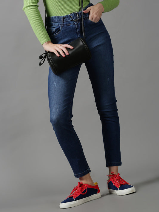 Women's Blue Slim Fit Low Distress Light Fade Stretchable Denim Jeans