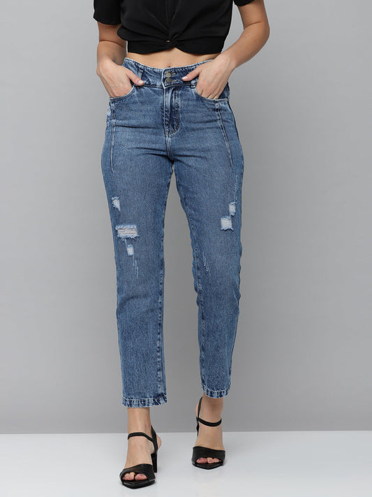 Women's Blue Jean Straight Fit High-Rise Mildly Distressed Light Fade Jeans