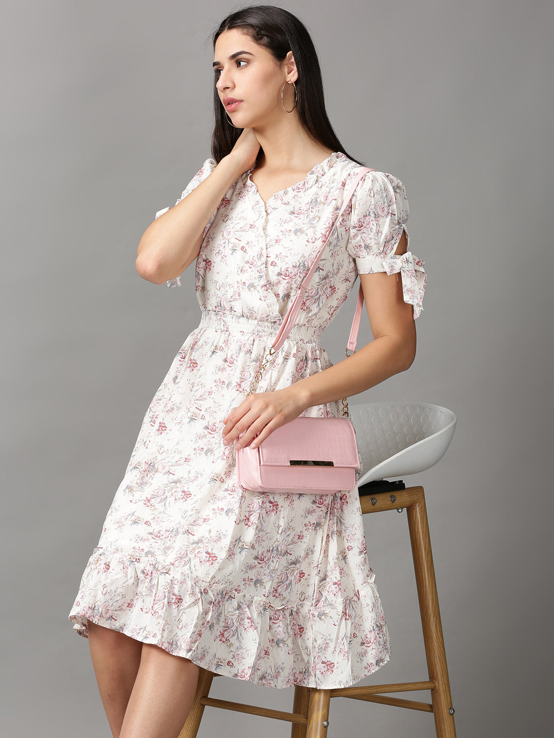 Women's Cream Floral Chiffon Fit & Flare Dress